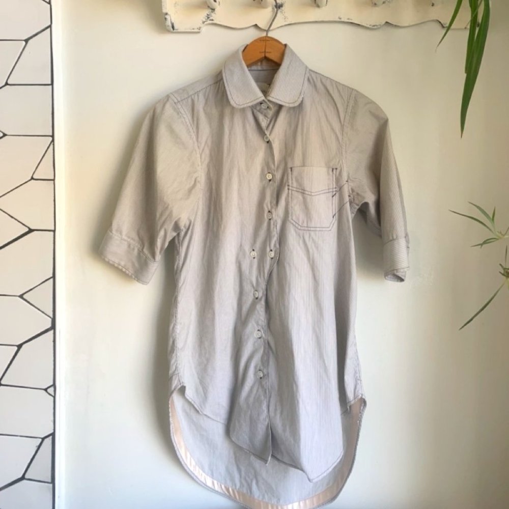 Billy Reid designer black & white pinstriped, 3/4 sleeve, button-up tunic shirt